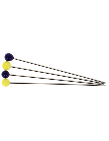 Caixa de 80 alfinetes longos superfinos com cabeça de vidro Murano azul e amarelo Bohin