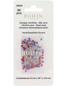 Caixa de 80 alfinetes ultra-finos com cabeça de vidro Murano Bohin