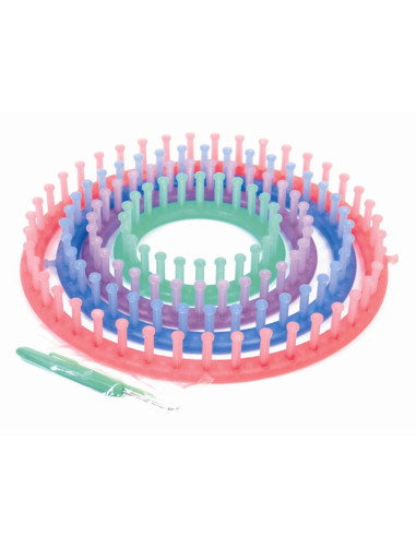 Conjunto de 4 teares circulares + gancho + agulha