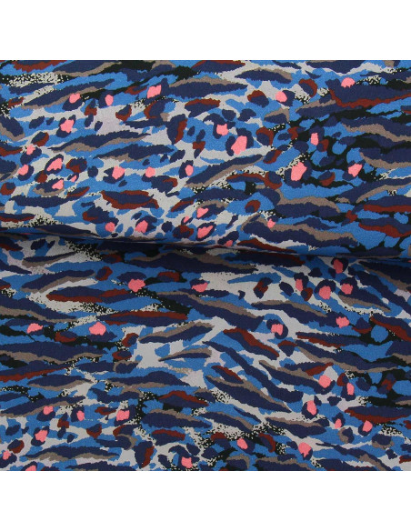 Tecido de viscose fantasia - Bengal azul e coral