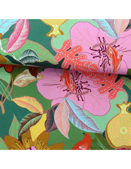 Tecido de viscose fantasia - Xodius verde e rosa