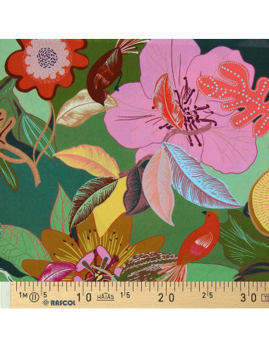Tecido de viscose fantasia - Xodius verde e rosa
