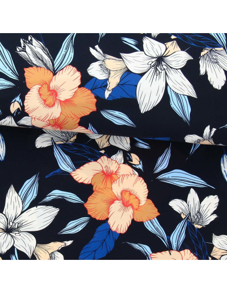 Tecido lycra maiô - Flores fundo preto
