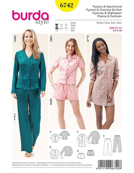 Padrão de pijama e camisa de dormir - Burda 6742