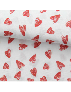 Tecido gaze dupla estampado - Corações vermelhos fundo branco