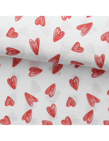 Tecido gaze dupla estampado - Corações vermelhos fundo branco