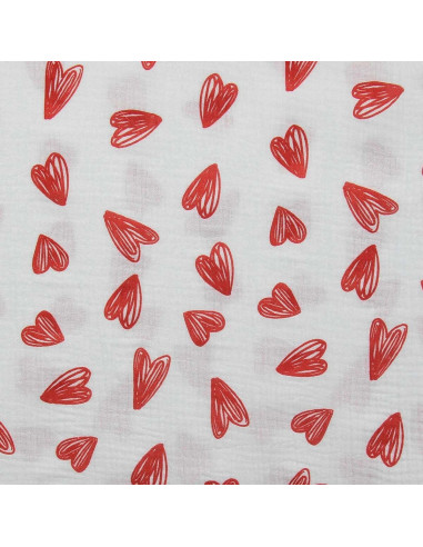 Tecido gaze dupla estampado - Corações vermelhos fundo branco