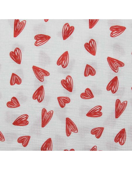 Tecido gaze dupla estampado - Corações vermelhos fundo branco
