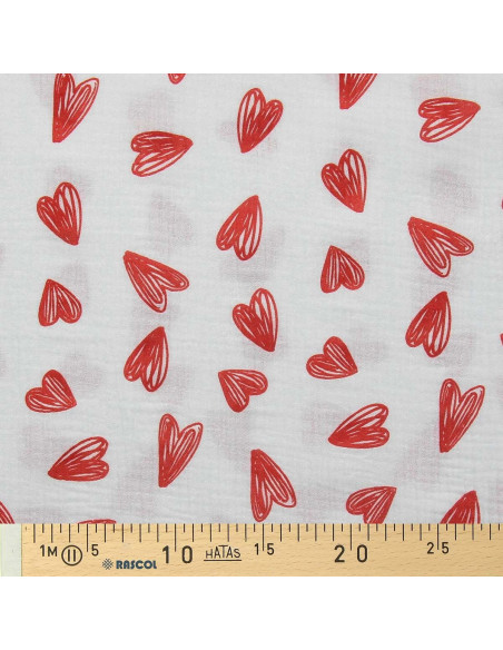 Tecido gaze dupla estampado - Corações vermelhos fundo branco
