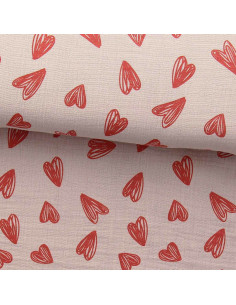 Tecido gaze dupla estampado - Corações vermelhos fundo bege