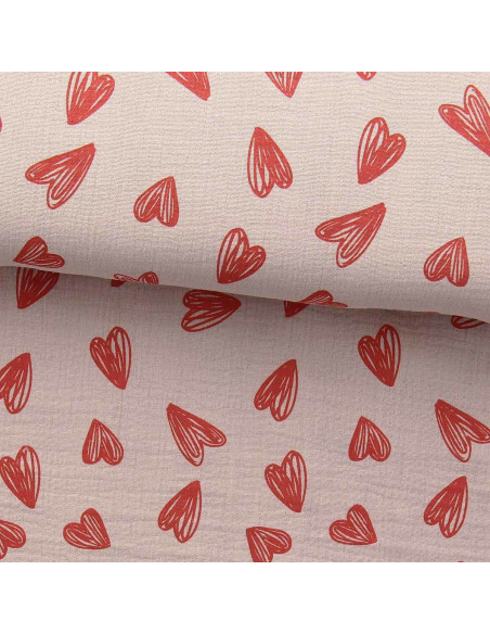 Tecido gaze dupla estampado - Corações vermelhos fundo bege