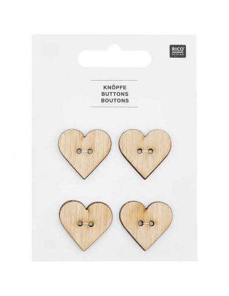 Conjunto de 4 botões de madeira 26 x 25 mm - Coração
