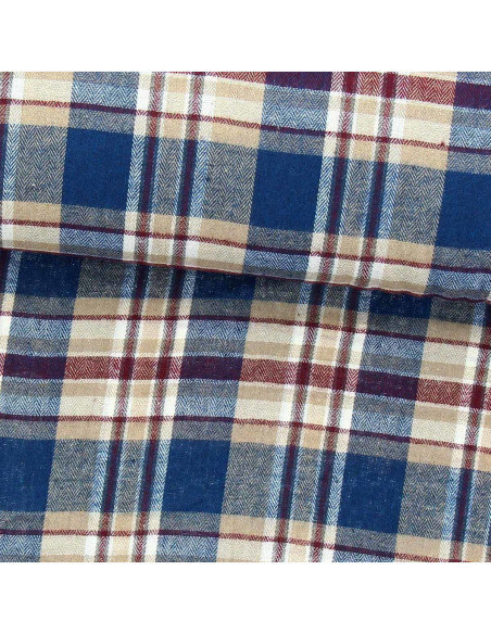 Tecido de flanela xadrez escocês - Azul, bege e vermelho