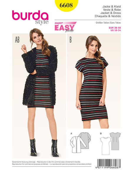Molde de casaco e vestido - Burda 6608