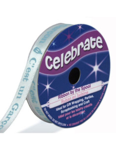 Fita de cetim Celebrate branca com impressão azul é um menino - 10 mm x 4 metros