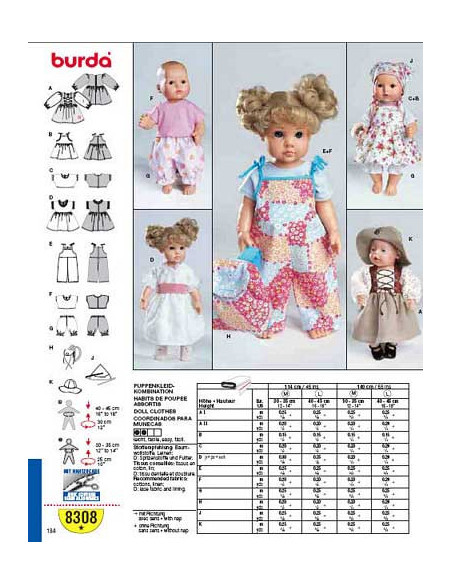 Molde de roupas de bonecas combinadas - Burda 8308