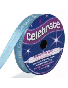 Fita de cetim Celebrate azul com impressão branca é um menino - 10 mm x 4 metros