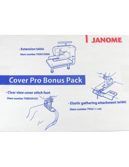 Kit de mesa extensível, pé para bainha coberta e guia de aplicação de elástico Janome