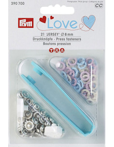 Caixa de 21 botões de pressão jersey rosa, azul e cru com ferramenta de 8 mm
