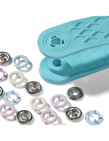 Caixa de 21 botões de pressão jersey rosa, azul e cru com ferramenta de 8 mm