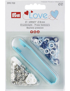 Caixa de 21 botões de pressão jersey branco, azul claro e marinho com ferramenta de 8 mm