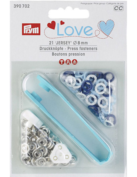 Caixa de 21 botões de pressão jersey branco, azul claro e marinho com ferramenta de 8 mm