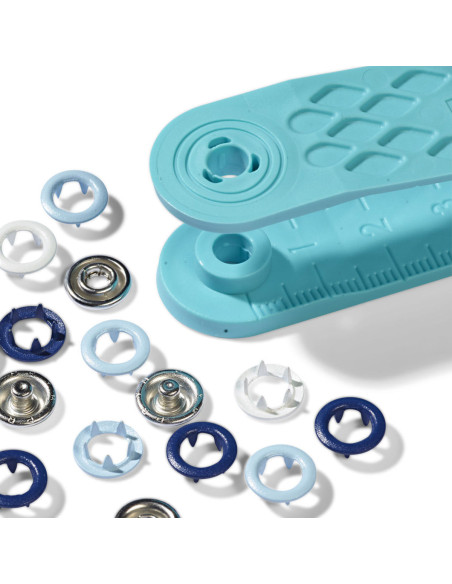 Caixa de 21 botões de pressão jersey branco, azul claro e marinho com ferramenta de 8 mm
