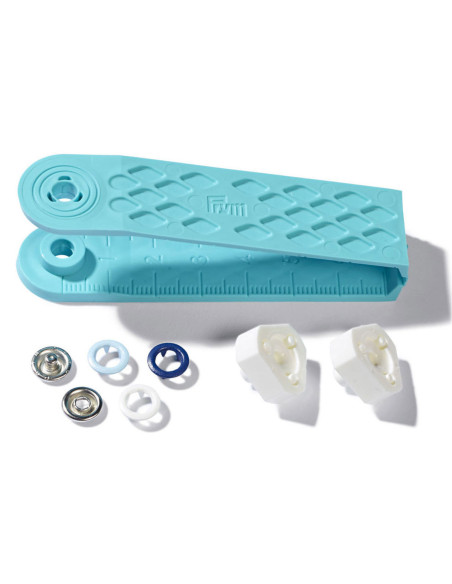 Caixa de 21 botões de pressão jersey branco, azul claro e marinho com ferramenta de 8 mm