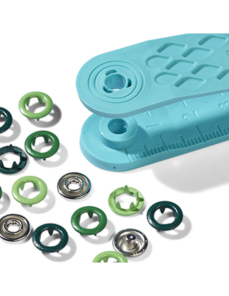 Caixa de 21 botões de pressão de jersey em assortimentos de verdes com ferramenta de 8 mm