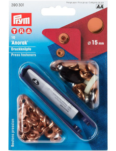 Caixa de 10 botões de pressão anorak Cobre com ferramenta 15 mm