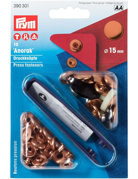 Caixa de 10 botões de pressão anorak Cobre com ferramenta 15 mm