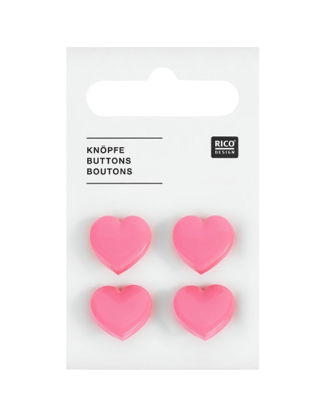 Cartão de 4 botões corações - Rosa 15 x 15 mm