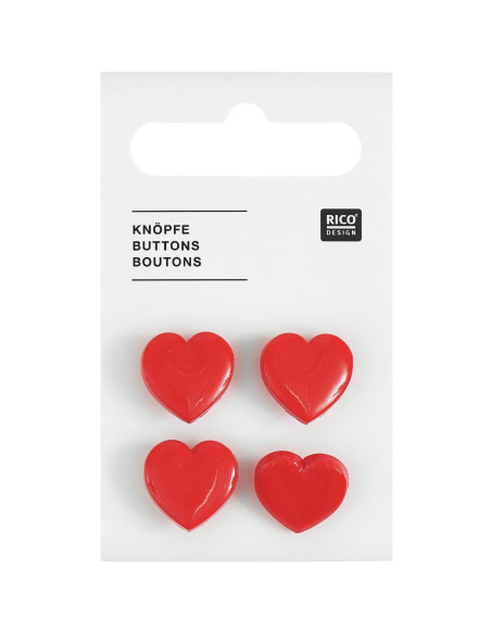 Cartão de 4 botões corações - Vermelho 15 x 15 mm