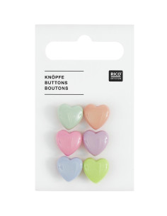 Cartela de 6 botões em forma de coração - Pastéis 11 x 11 mm