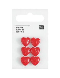 Cartela de 6 botões em forma de coração - Vermelho 11 x 11 mm