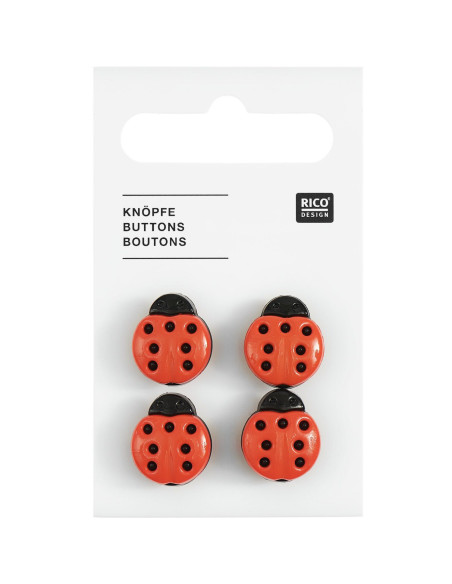 Cartão de 4 botões joaninha - Vermelho 13 x 15 mm
