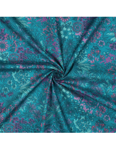 Tecido popelina de algodão - Flores azul petróleo