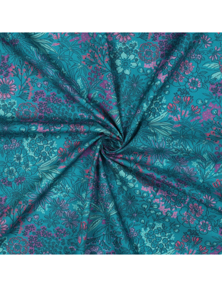 Tecido popelina de algodão - Flores azul petróleo