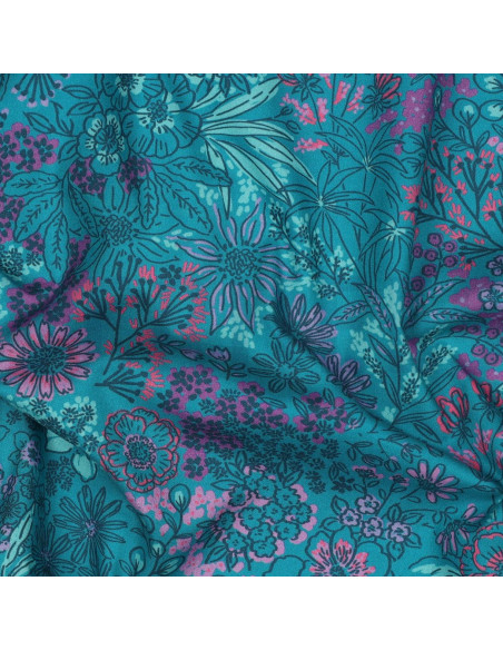 Tecido popelina de algodão - Flores azul petróleo