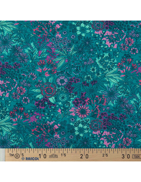 Tecido popelina de algodão - Flores azul petróleo