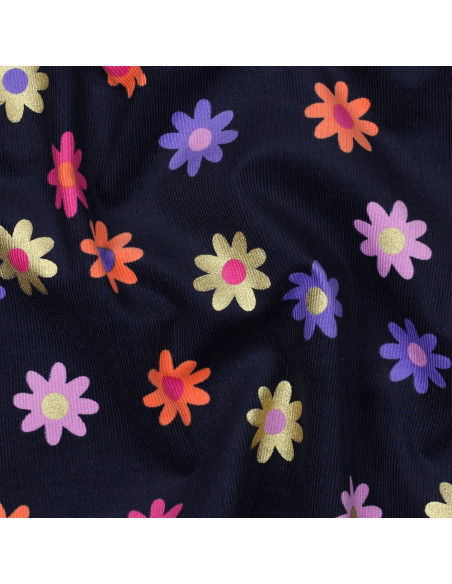 Tecido veludo cotelê fantasia - Flores fundo azul-marinho