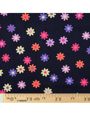 Tecido veludo cotelê fantasia - Flores fundo azul-marinho