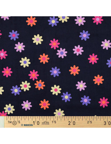 Tecido veludo cotelê fantasia - Flores fundo azul-marinho