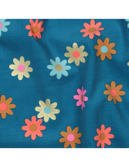 Tecido veludo cotelê fantasia - Flores fundo azul petróleo