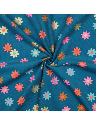 Tecido veludo cotelê fantasia - Flores fundo azul petróleo
