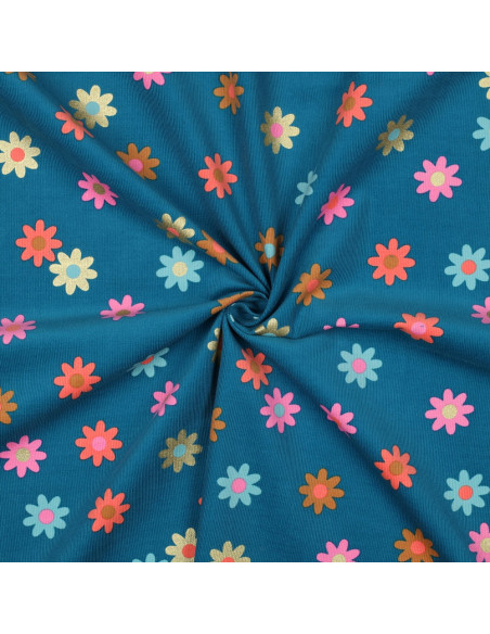 Tecido veludo cotelê fantasia - Flores fundo azul petróleo