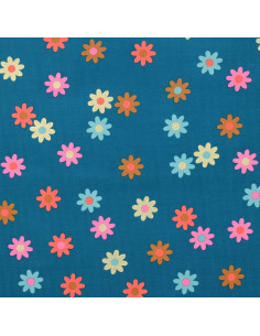 Tecido veludo cotelê fantasia - Flores fundo azul petróleo 2