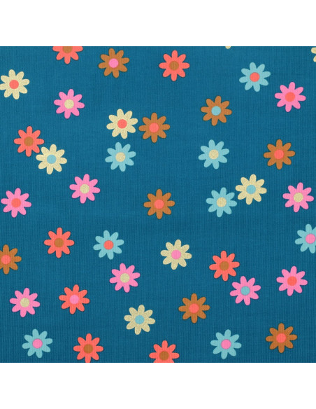 Tecido veludo cotelê fantasia - Flores fundo azul petróleo