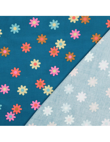 Tecido veludo cotelê fantasia - Flores fundo azul petróleo