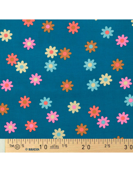 Tecido veludo cotelê fantasia - Flores fundo azul petróleo